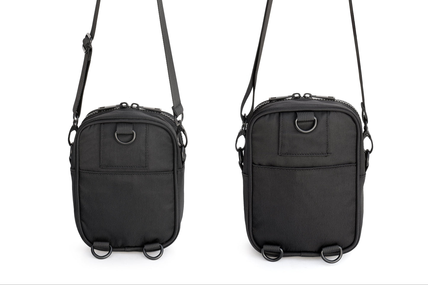 Black crossbody bag shown from two angles on a white background