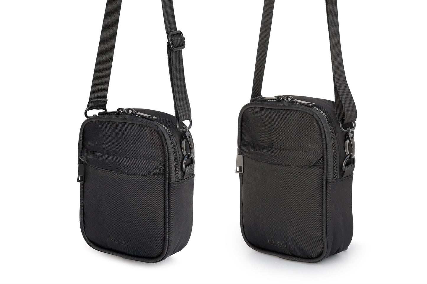 Black crossbody bag shown from two angles on a white background