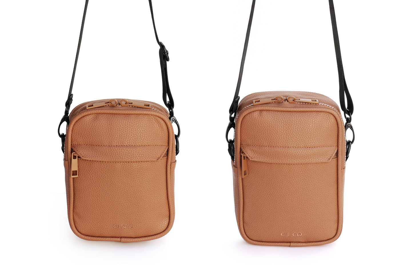 Two brown crossbody bags with black straps on a white background