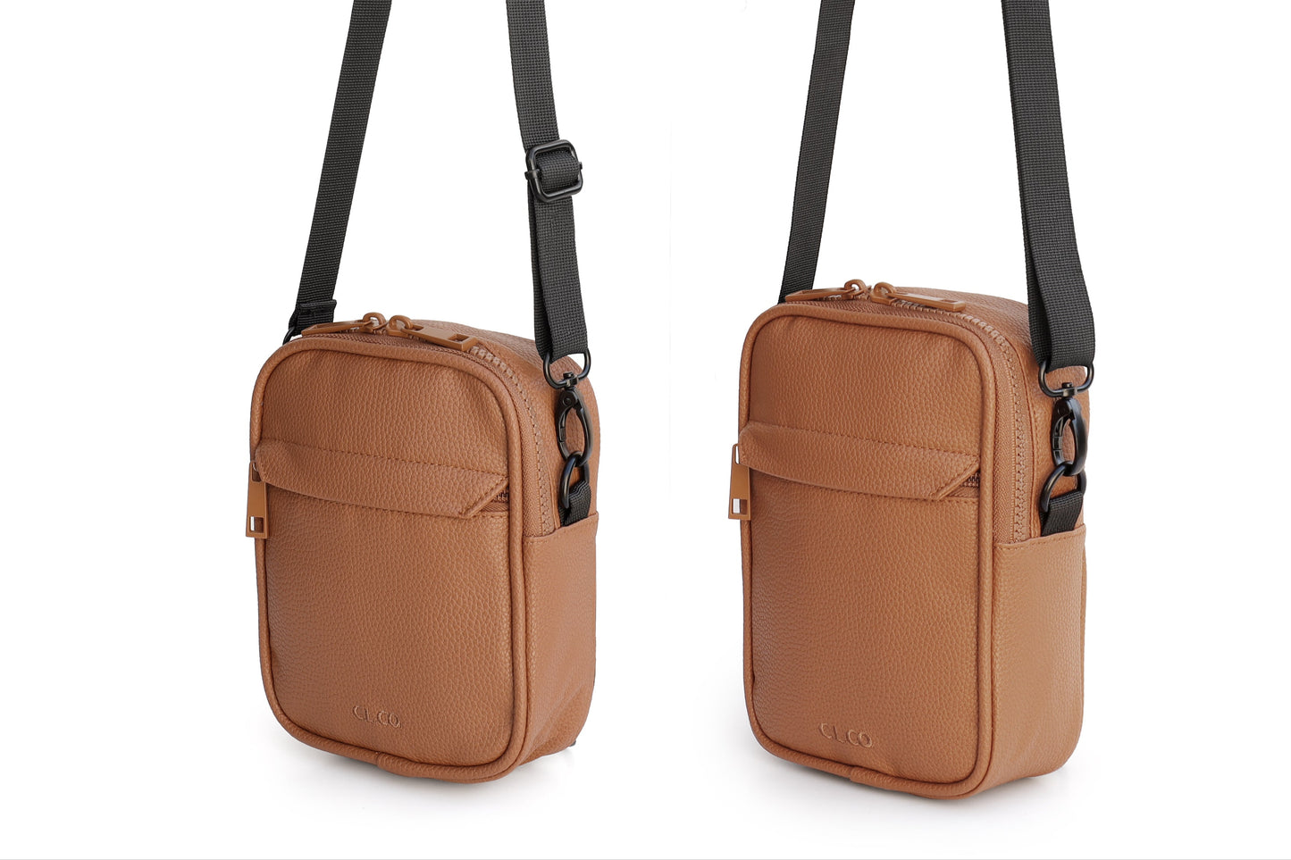 Two brown crossbody bags with black straps on a white background