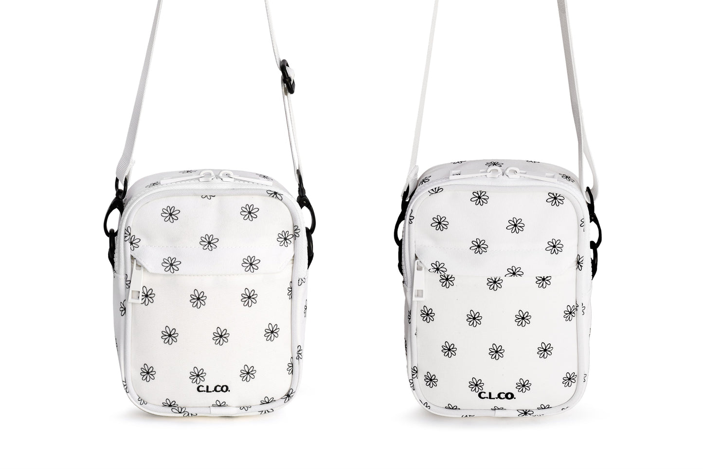 Two small bags with floral patterns on a white background