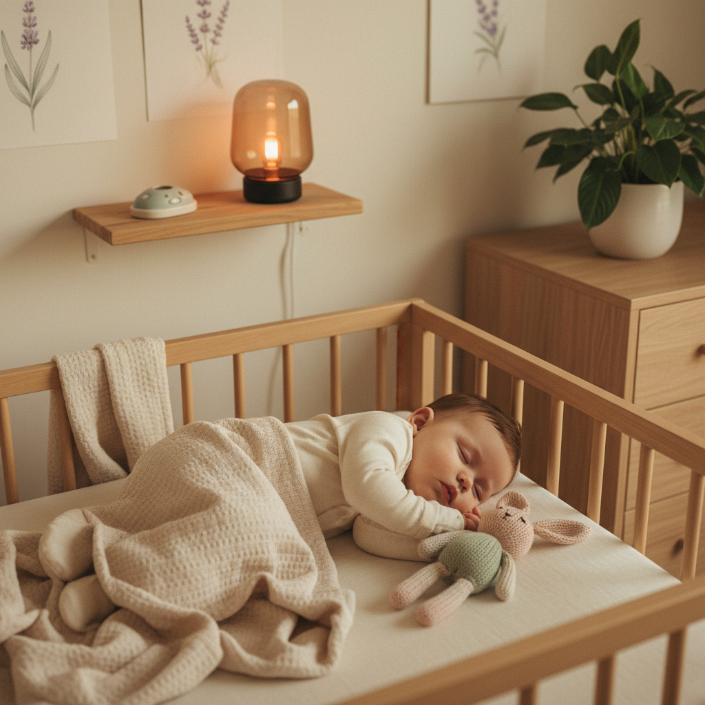 Header: Peaceful sleeping baby in a dimly lit nursery, wearing soft bamboo sleepwear