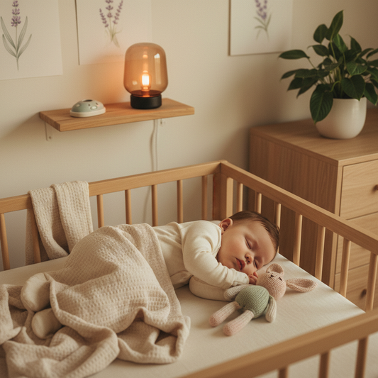 Header: Peaceful sleeping baby in a dimly lit nursery, wearing soft bamboo sleepwear